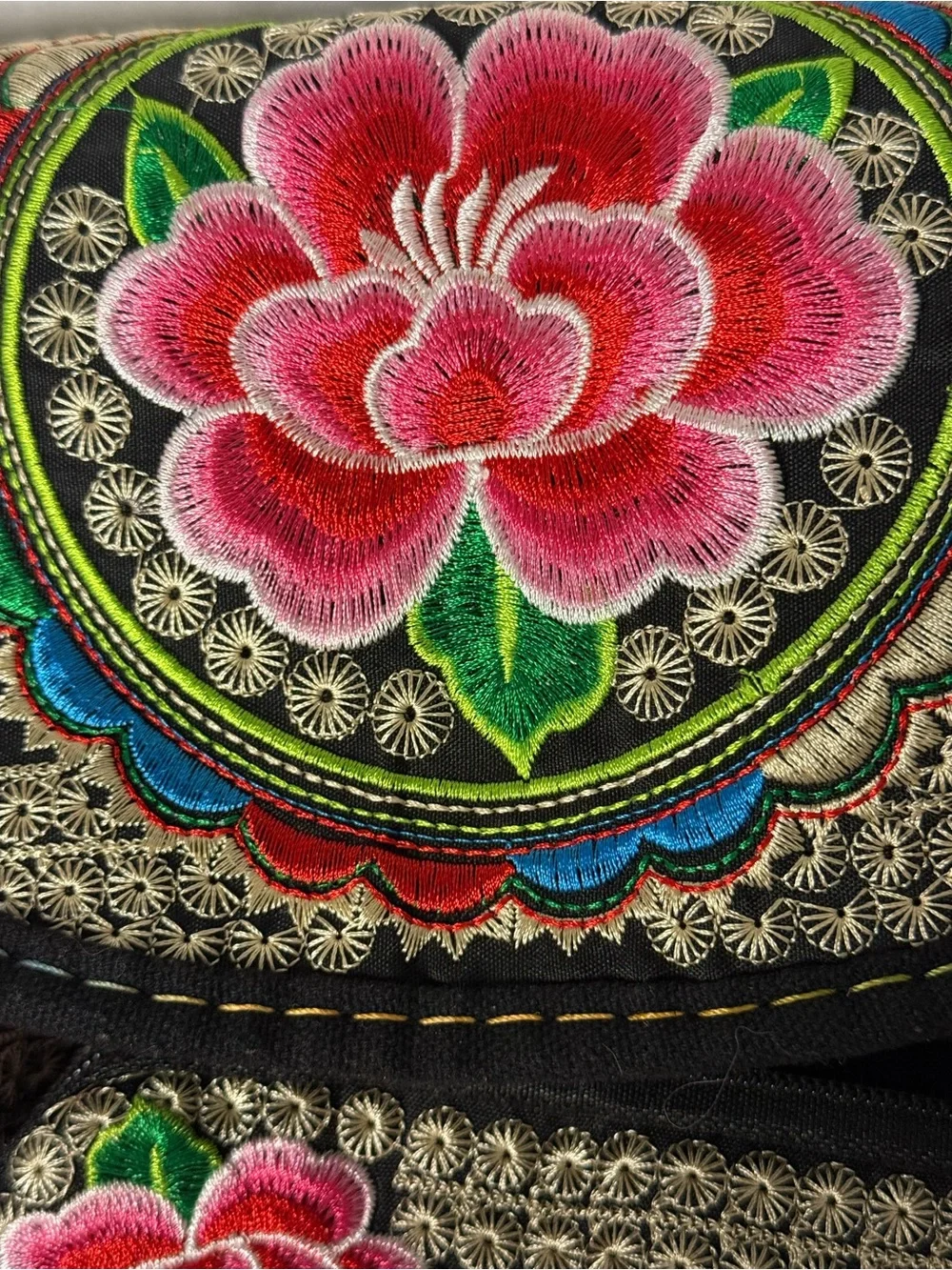 Embroidered Floral Bohemian handcrafted Drawstring Backpack - Pink/Black 12”by10